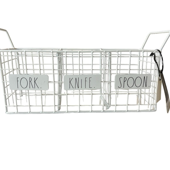 Rae Dunn Utensil Holder. Fork, Knife, and Spoon wire white basket black stencil. - Picture 2 of 6